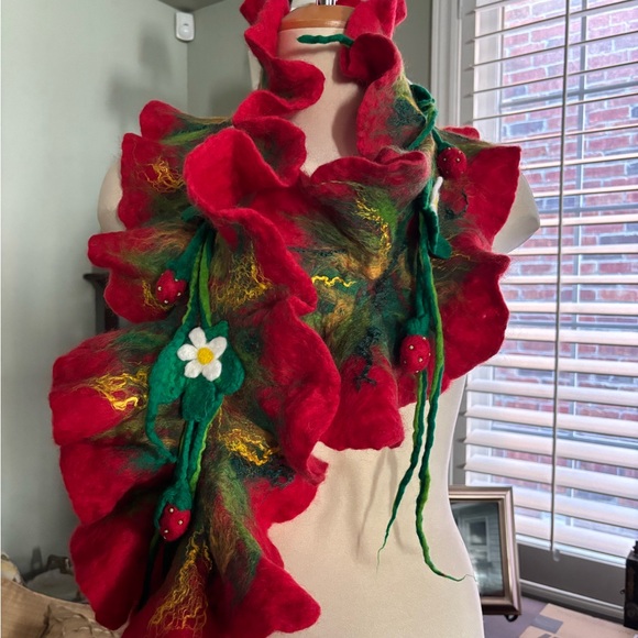 Handcrafted Red and Green Felted Nuno Ruffled Scarf - Picture 1 of 6